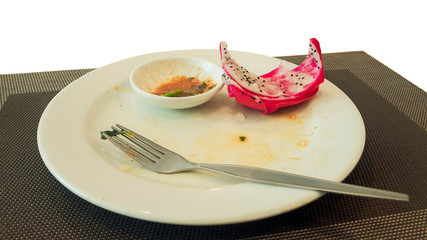 White plate with food scraps Put on the table on white isolated bacground