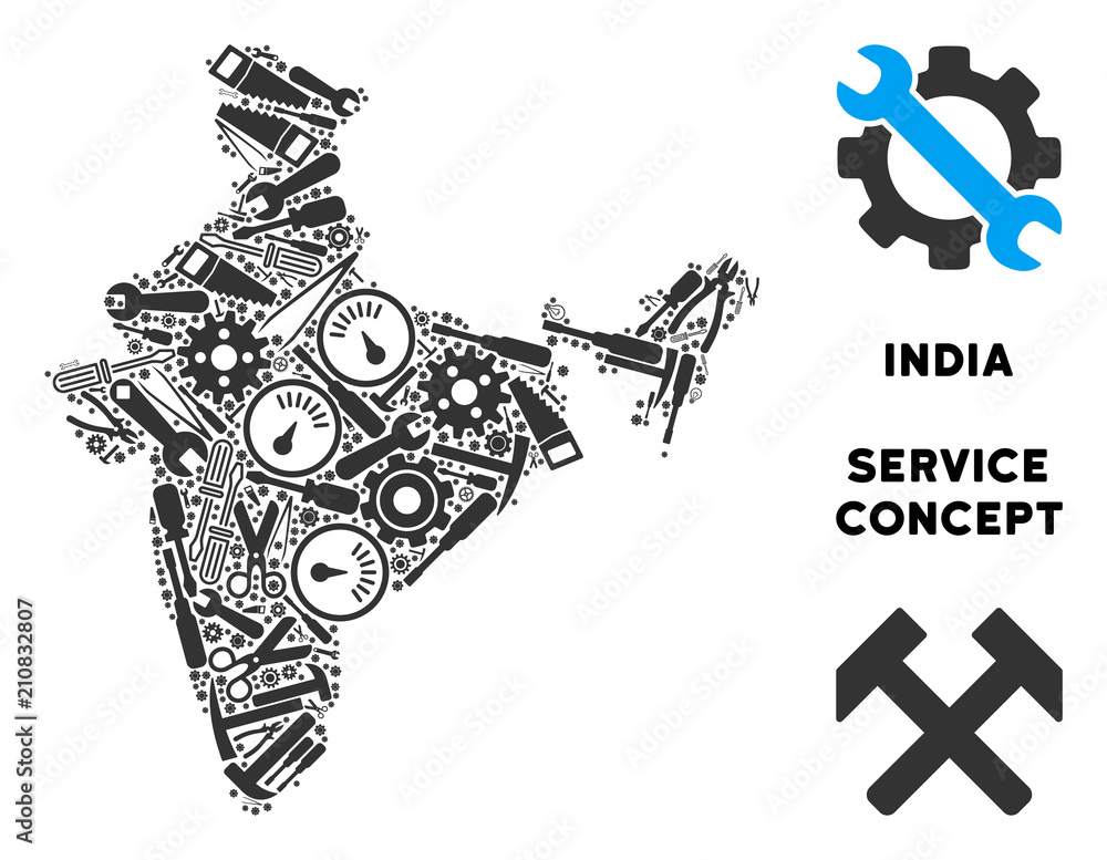 Poster service india map mosaic of instruments. abstract territory scheme in grey color. vector india map i