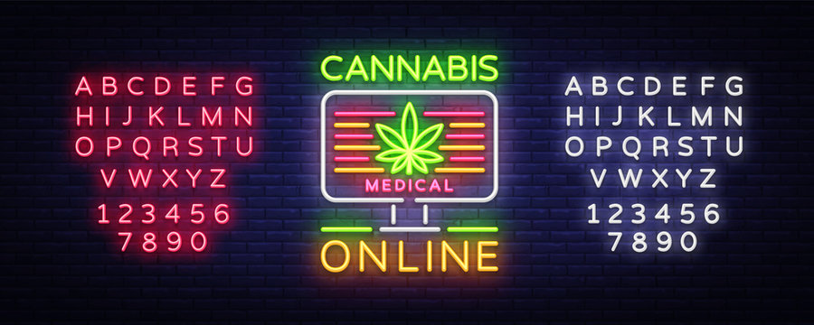 Marijuana Medical Logo Neon Vector. Cannabis Online, Marijuana smoking, storing and growing cannabino medical equipment, light banner, design template. Vector illustration. Editing text neon sign