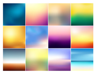 Naklejka premium Vector illustration set of 12 square blurred backgrounds in pastel colors. Beautiful sunset gradients and sunrise sea blurred background collection.