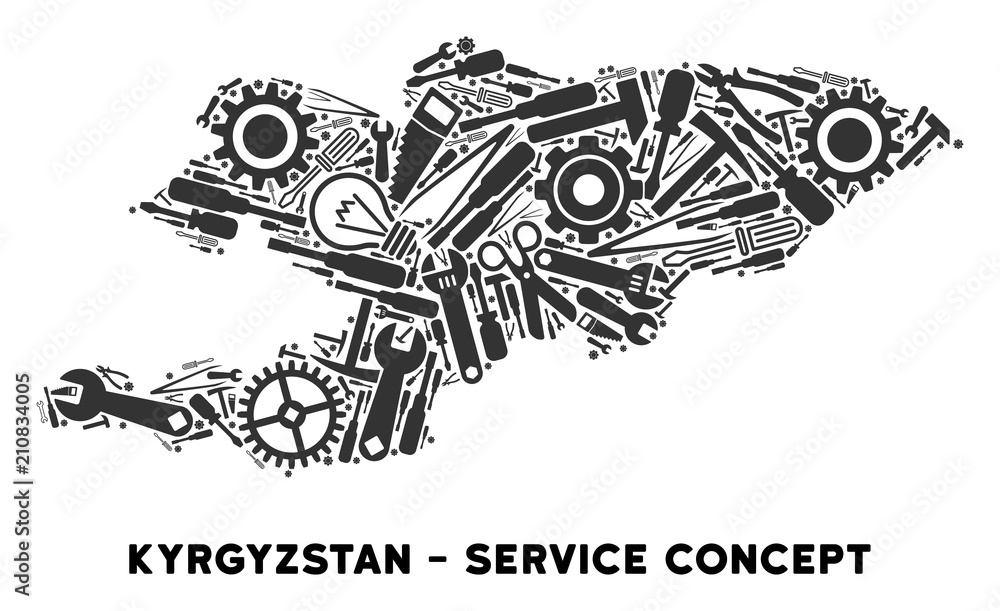 Poster repair workshop kyrgyzstan map mosaic of tools. abstract territorial scheme in gray color. vector ky