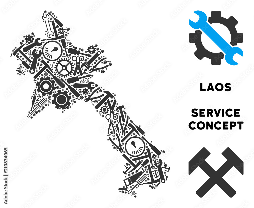 Aufkleber repair service laos map composition of tools. abstract geographic scheme in grey color. vector laos 