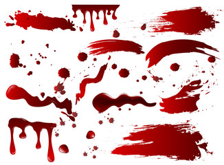 Vector illustration collection various blood or red paint splatters and spots, Halloween concept elements isolated on white background.