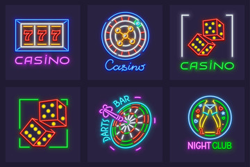 Set of neon icons for excitable play games in casino