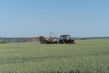 Fototapeta premium Farmer spraying pesticides in green wheat field