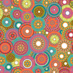 Seamless patchwork pattern with circles with tribal geometric ornament. Ethnic design for fabric, print, wrapping paper, card, invitation, wallpaper. Vector illustration  - 210834683