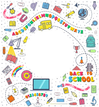 Concept of education. School background with hand drawn school supplies. Alphabet and numbers. Back to School lettering colored letters.