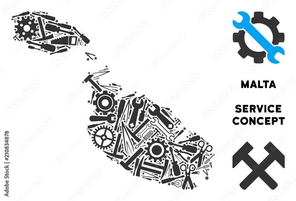 Poster repair service malta island map collage of instruments. abstract territory scheme in gray color. vec
