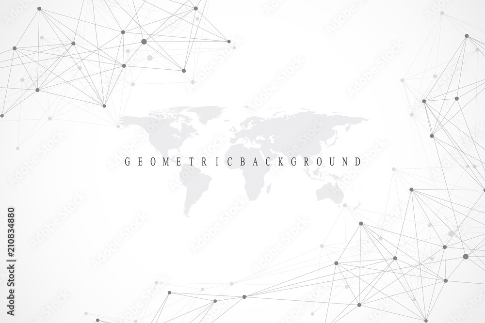Poster Geometric graphic background molecule and communication. Big data complex with compounds. Lines plexus, minimal array. Digital data visualization. Scientific cybernetic vector illustration