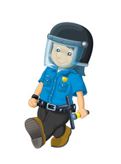 cartoon scene with happy policeman on duty wearing bulletproof helmet - on white background - illustration for children