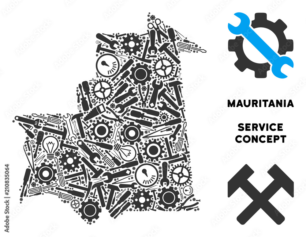 Poster repair workshop mauritania map mosaic of tools. abstract geographic scheme in gray color. vector mau