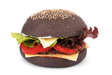 Black burger isolated on white background.