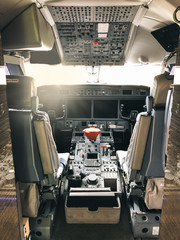 Interior of a pilot cockpit cabin private jet