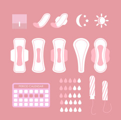 Vector illustration of feminine hygiene icons set. Cartoon flat design of sanitary pads, tampons, calendar and infographic elements isolated on the pink background. - obrazy, fototapety, plakaty