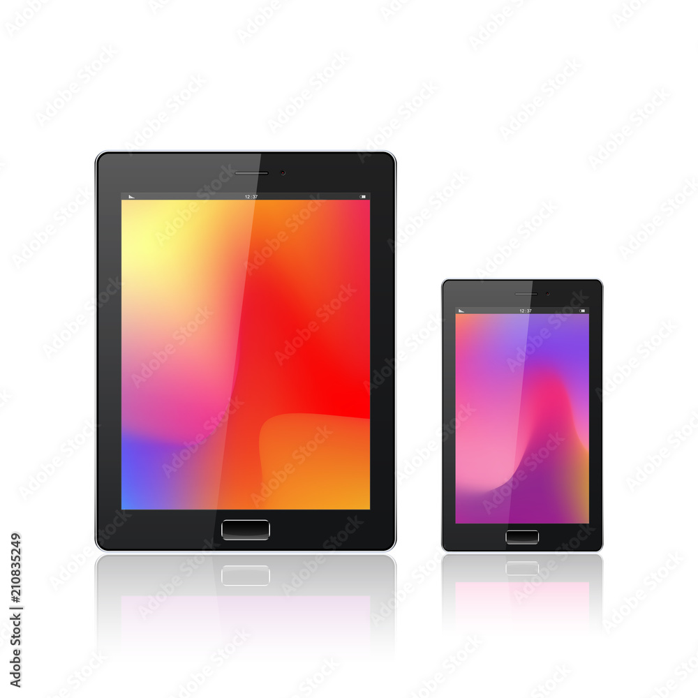 Poster modern digital tablet pc with mobile smartphone isolated on the white. abstract fluid 3d shapes vect