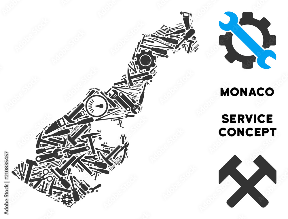 Poster service monaco map collage of instruments. abstract territory scheme in grey color. vector monaco ma