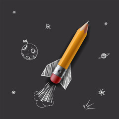 Pencil as a rocket flying in the space. Creative idea and startup