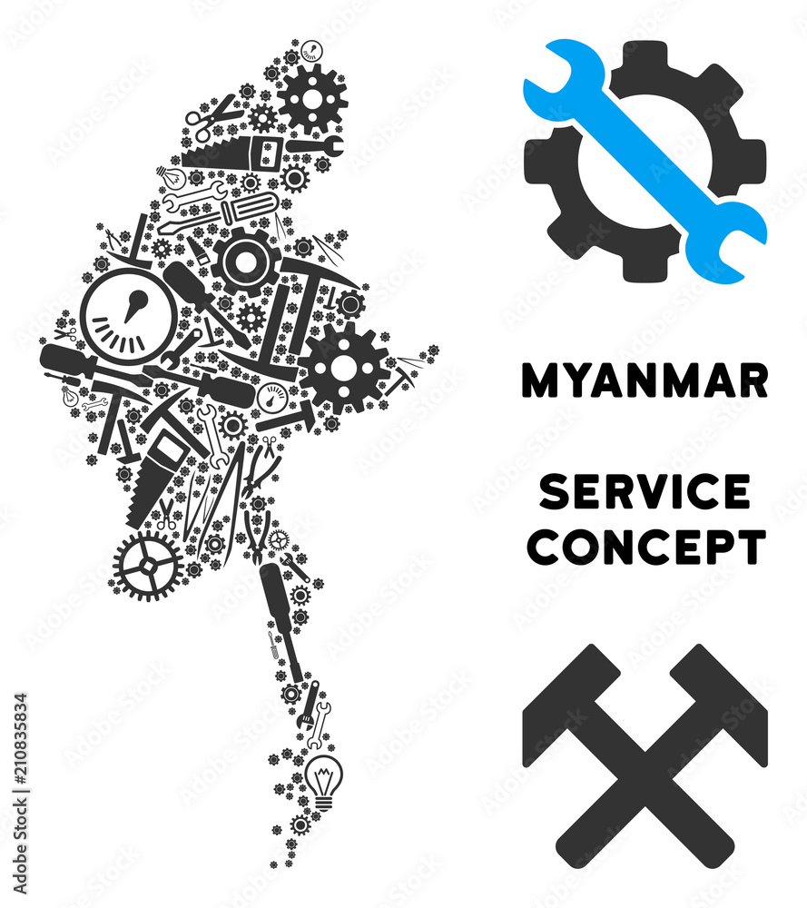 Aufkleber repair workshop myanmar map composition of tools. abstract geographic plan in gray color. vector mya