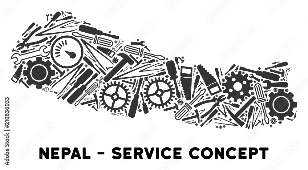 Poster repair service nepal map mosaic of tools. abstract territorial scheme in gray color. vector nepal ma