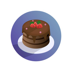 Vector chocolate cake with strawberries on a plate