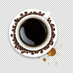 Cup With Coffee And Plate And Coffee Grain And Blots Transparent Background