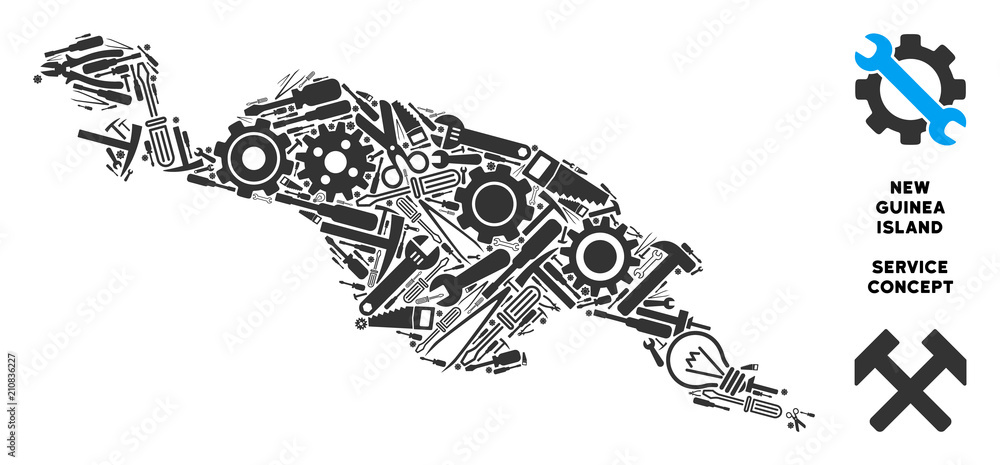 Poster repair service new guinea island map composition of instruments. abstract territory plan in grey col