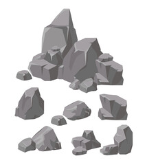 Vector illustration set of rocks and stones grey colors. Cartoon stone and elements for game in flat style.