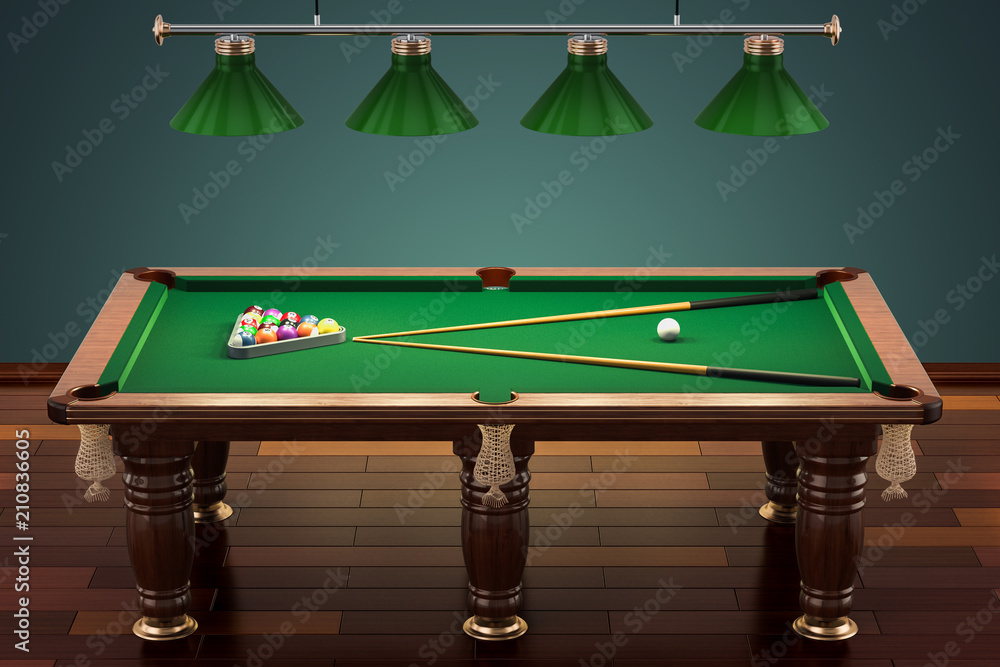 Poster billiard table with balls and cue in room, 3d rendering