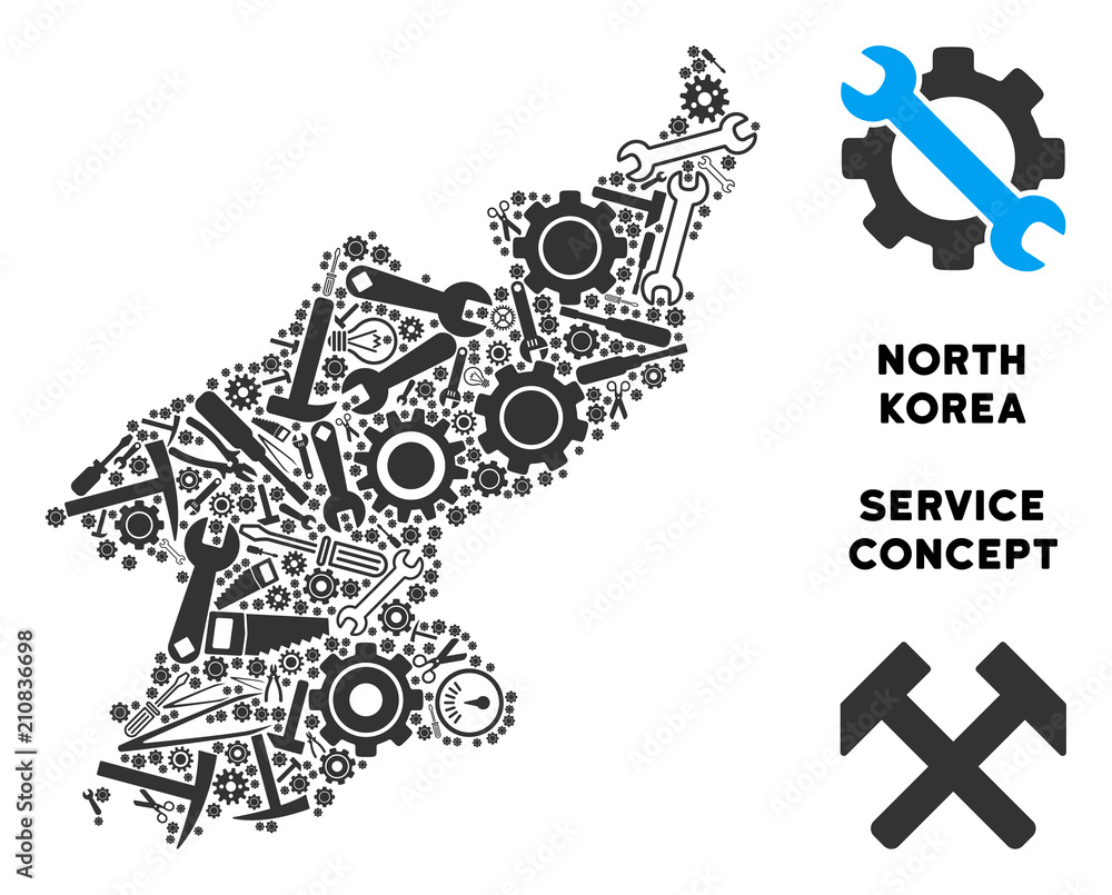 Poster service north korea map collage of tools. abstract territorial scheme in grey color. vector north ko