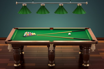 Billiard table with balls and cue in room, 3D rendering