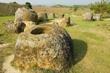 Ancient stone jars in a Plain of Jars (Site #1) near Phonsavan, Xienghouang province, Laos. UNESCO...