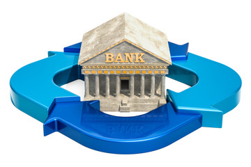 Banking system concept. Business diagram from arrows with bank building, 3D rendering
