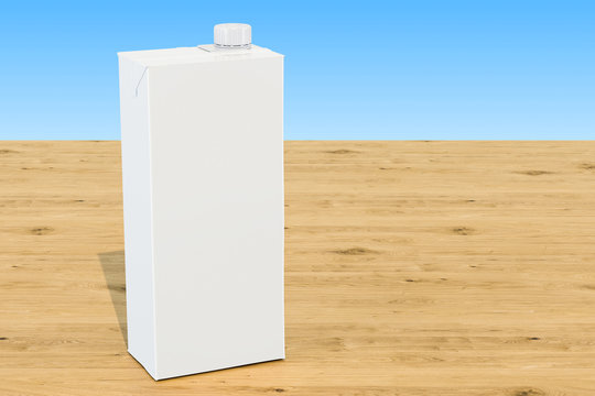 Milk or juice pack, blank carton packaging container box with plastic cap on the wooden table. 3D rendering