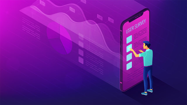 Isometric big data analysis, feedback and research concept. A man in front of mobile screen with visual data analysis statistics pie charts and graphics in violet color. Vector ultraviolet background.