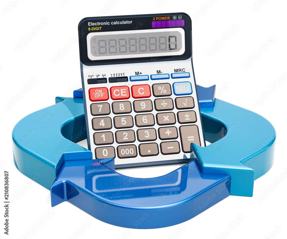 Poster diagram from arrows with calculator, 3d rendering