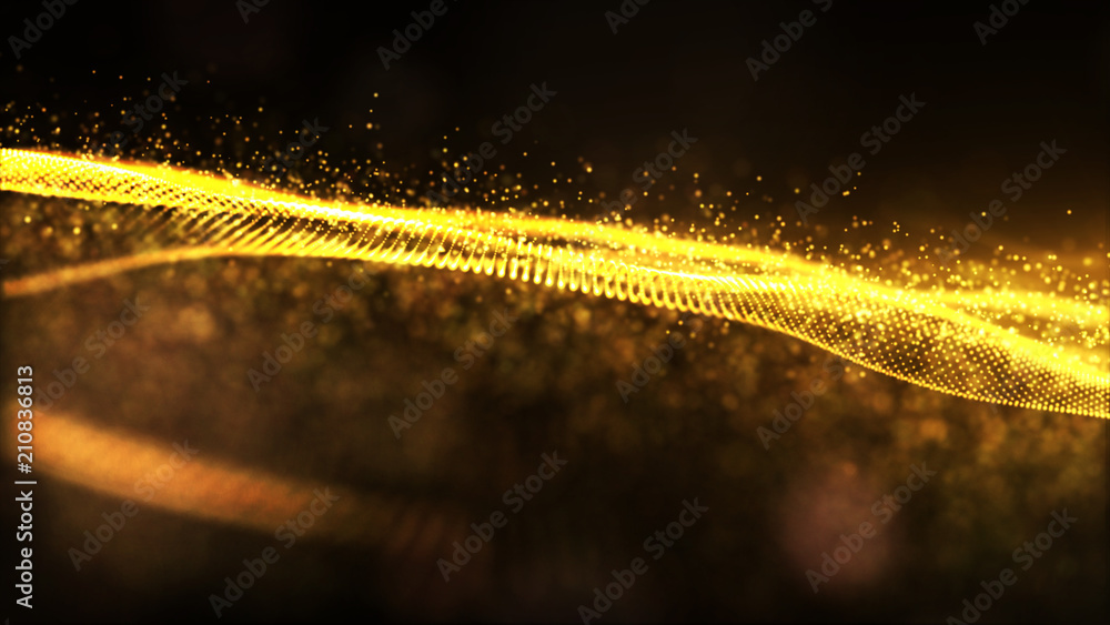 Poster digital gold color sparkling wave particles flow and bokeh abstract background