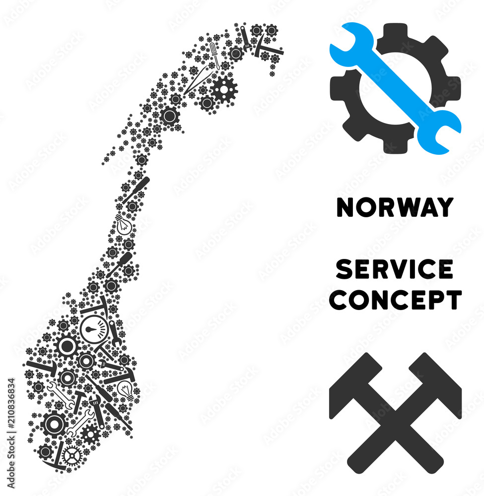 Poster service norway map collage of tools. abstract geographic scheme in grey color. vector norway map is 
