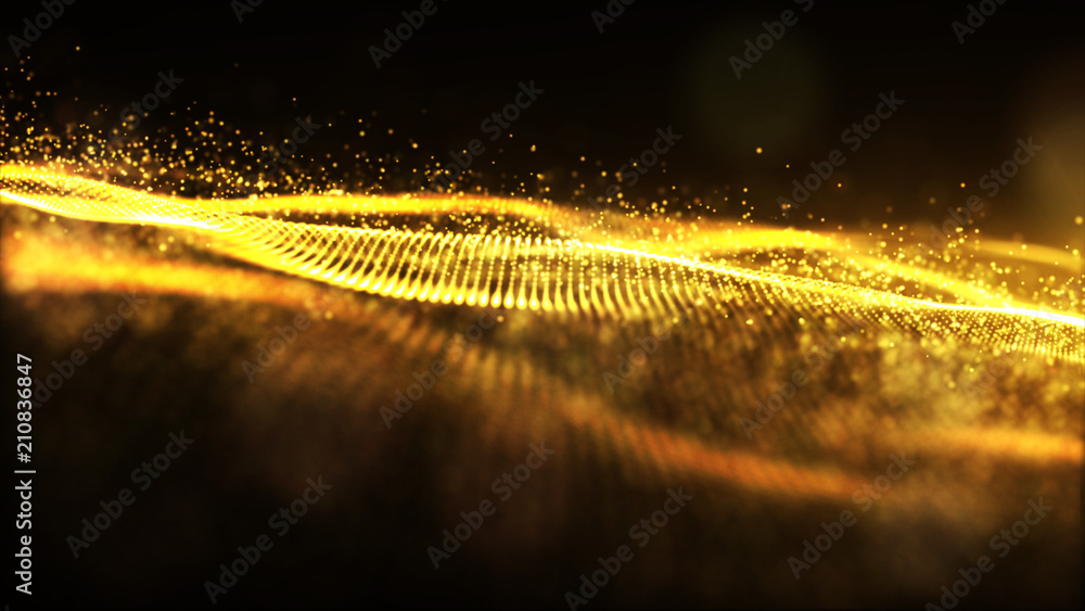 Poster digital gold color sparkling wave particles flow and bokeh abstract background