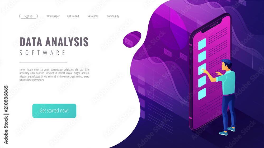 Poster isometric data analysis software landing page concept. a business analyst and charts graphics of dat