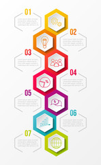 Hexagonal infographic with colourful business icons. Vector.