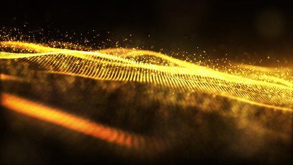 Digital gold color sparkling wave particles flow and bokeh abstract background
