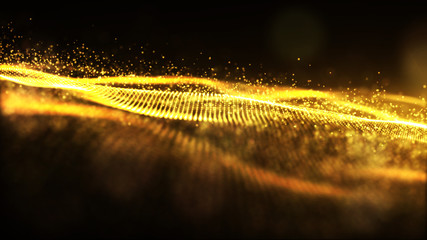Digital gold color sparkling wave particles flow and bokeh abstract background