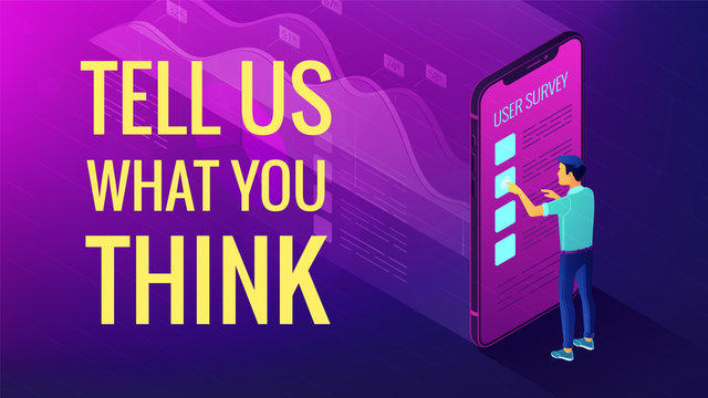 Isometric big data analysis and feedback concept. A man in front of mobile screen with 3d visual data analysis elements and title tell us what you think in violet color. Vector ultraviolet background.
