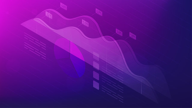 Isometric big data analysis, feedback and research concept. Visual data analysis statistics elements, pie charts and graphics in virtual interface in violet color. Vector ultraviolet background.