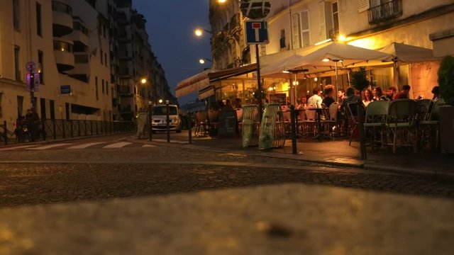 May 22, 2018 Paris, France. Evening lights in the streets of the Latin Quarter