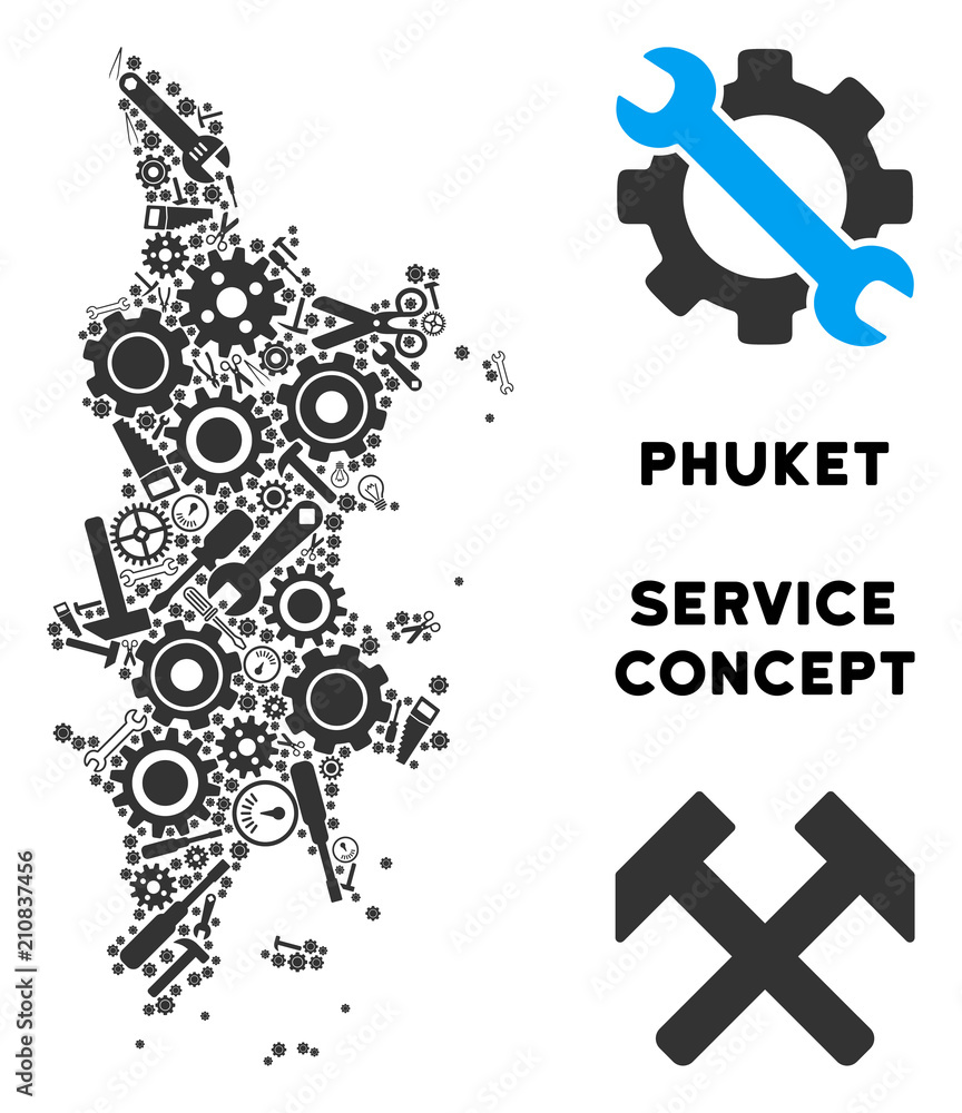 Poster repair service phuket map collage of instruments. abstract territorial scheme in gray color. vector 