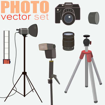 Cool set of photo equipment: camera, film 35mm, flash, lightning equipment, lens, lens hood, tripod. Suitable for web or printing. 