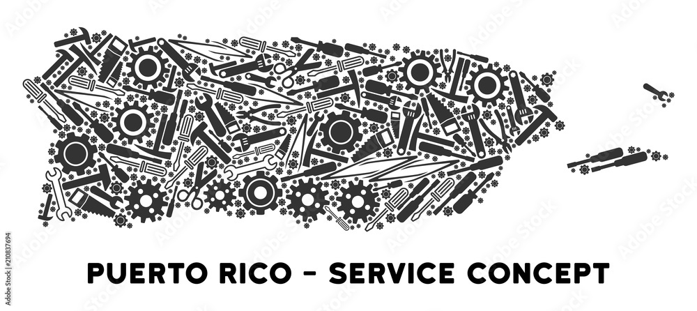Poster repair service puerto rico map composition of instruments. abstract geographic scheme in grey color.