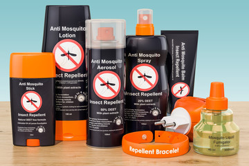 Set of insect repellent products on the wooden table, 3D rendering © alexlmx
