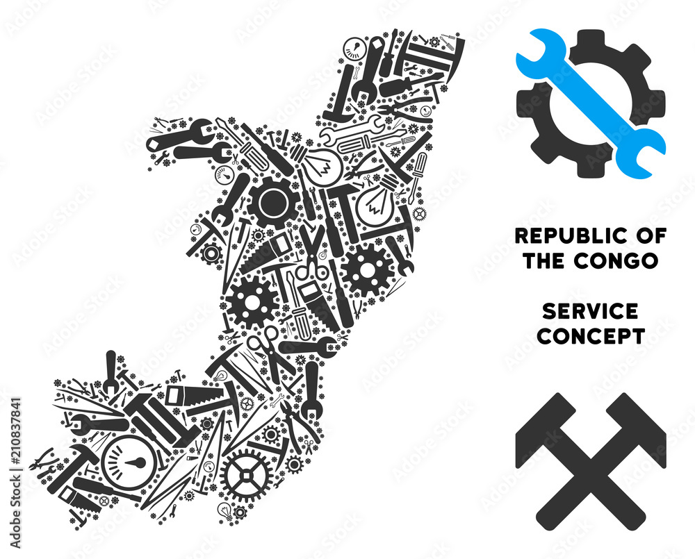 Aufkleber service republic of the congo map composition of instruments. abstract territorial scheme in grey co